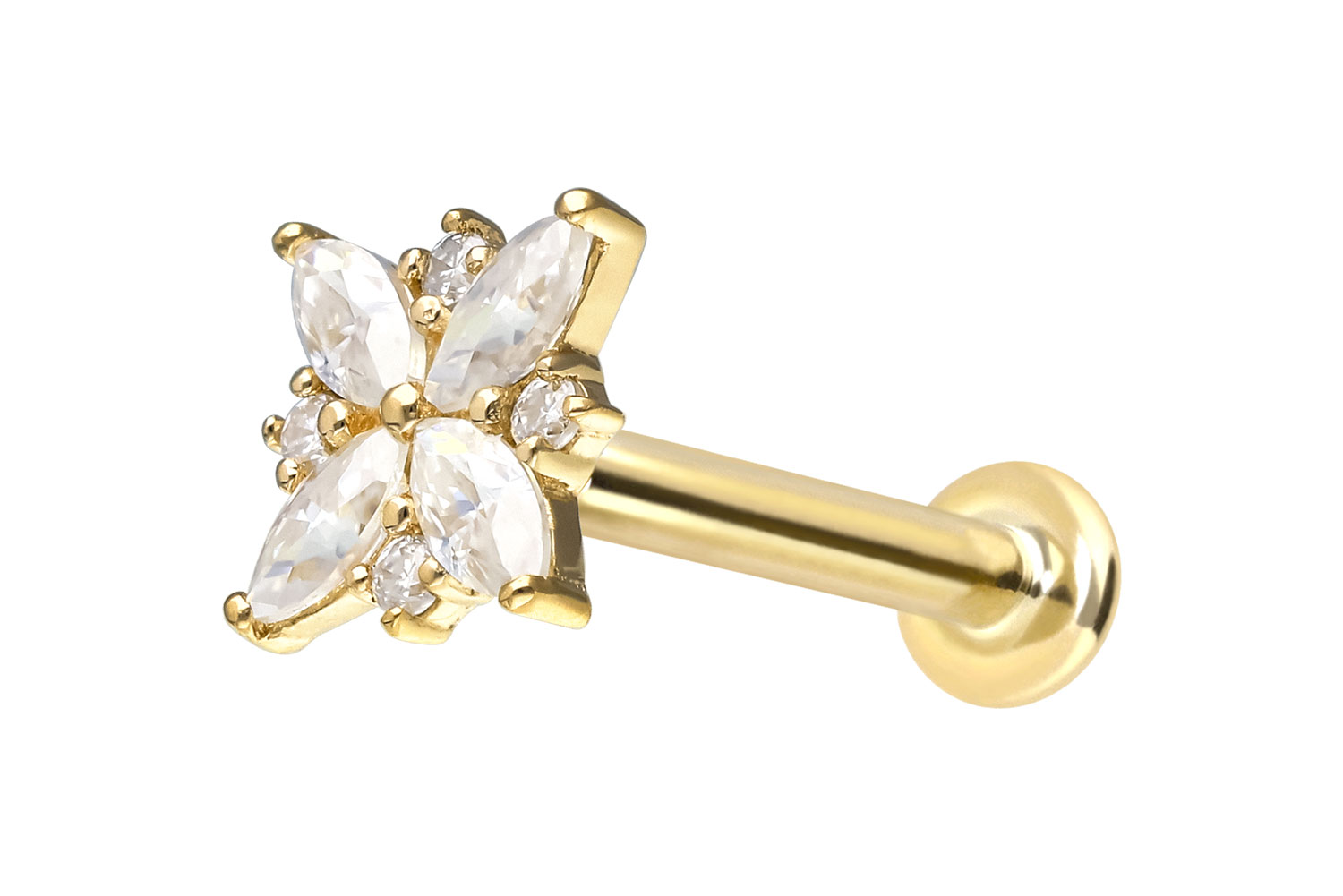 14 Karat Gold Labret Piercing mit Push Fit MOISSANIT-BLUME